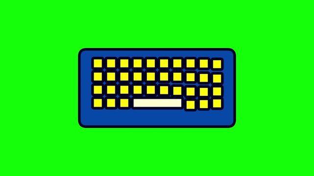 Cartoon style flat design illustration of a blue computer keyboard featuring bright yellow keys and a white spacebar, isolated on a solid green screen background for easy keying.