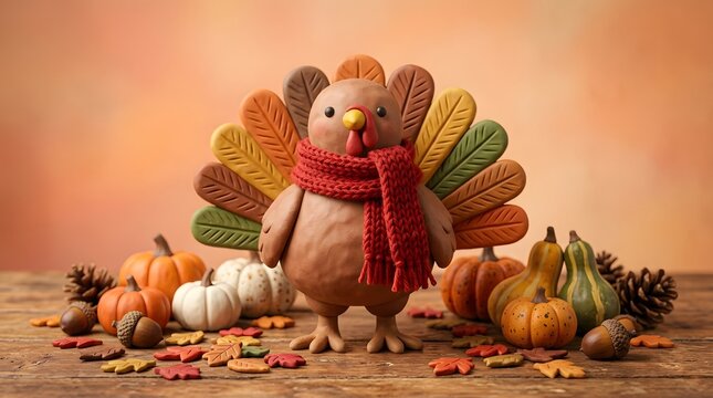 Cute clay turkey figurine wearing a red knit scarf surrounded by miniature pumpkins, acorns, and autumn leaves on a rustic wooden table, thanksgiving decor