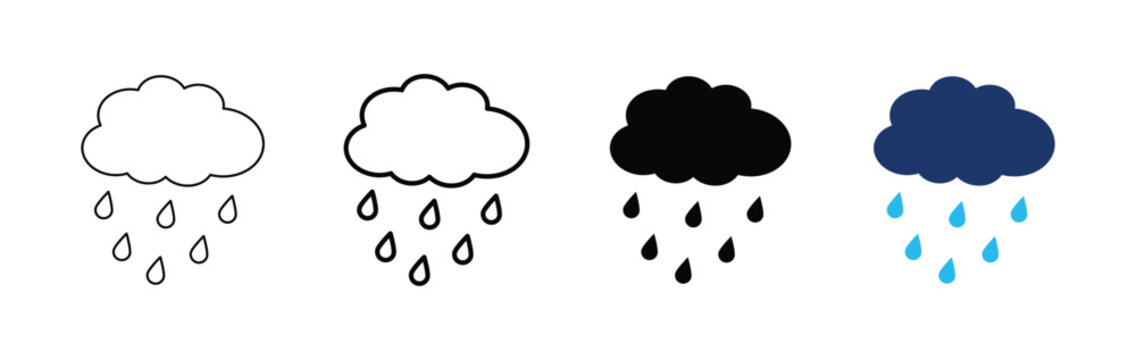 A versatile set of rain cloud icons in four distinct styles offering line art outline solid and colored variations for