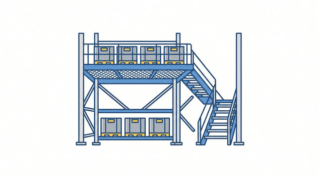 Blue industrial mezzanine platform with stairs and storage containers for warehouse organization and efficiency optimization