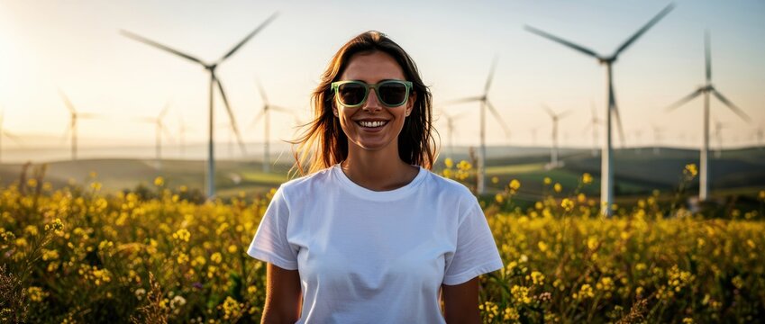 Smiling woman in sunglasses standing in a flower field with wind turbines. Modern wind farm providing clean energy at sunset. Sustainable energy concept for green marketing campaigns.
