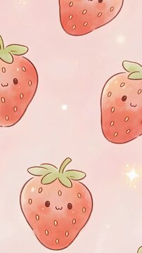 Vertical video: Looping strawberry motif drifting rotating sparkling on pastel pink for wallpaper
