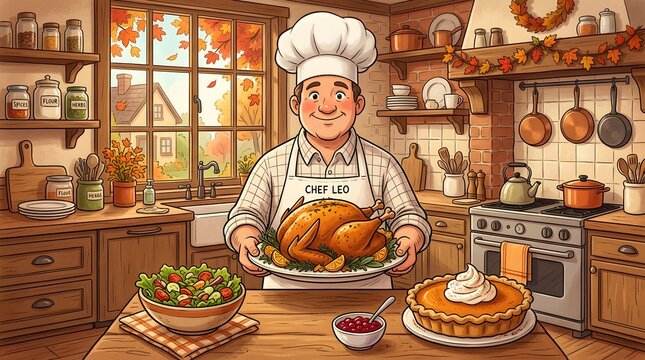 Chef leo holding a roasted turkey in a cozy rustic kitchen for thanksgiving dinner