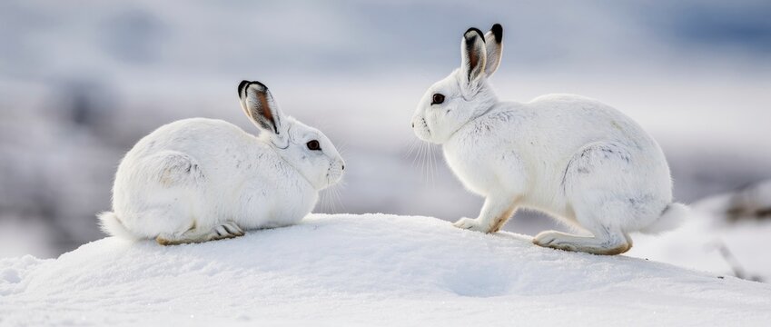 Two white mountain hares interacting on a snowy ridge during winter. Arctic hares with white fur and black ear tips against a soft background. Wildlife and nature concept for seasonal marketing.