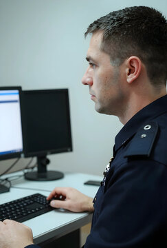 Law enforcement and public safety, police officer working on computer in an office, security and crime prevention