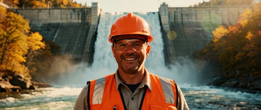 Smiling engineer in orange hard hat and safety vest standing before a large dam. Professional worker overseeing hydroelectric power station. Renewable energy and industrial infrastructure concept.