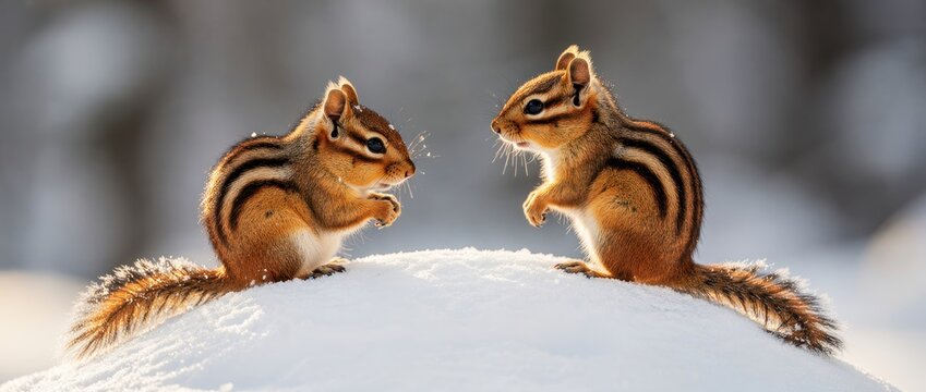 Two chipmunks facing each other on a snow mound. Adorable rodents interacting in a bright winter landscape. Wildlife friendship concept, perfect for seasonal nature blogs and greeting cards.