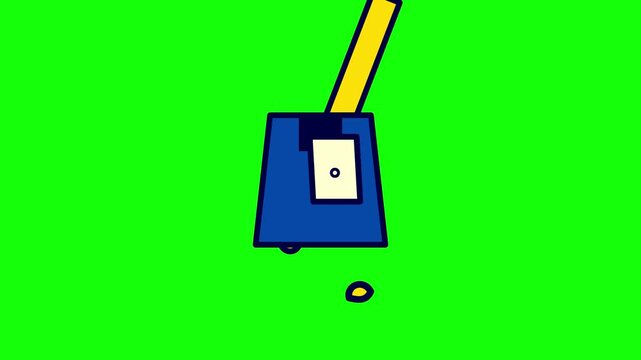 Minimalist vector illustration of a blue bucket dispenser against a bright green background featuring yellow seeds falling from the bottom, stylized flat art for agriculture concepts.