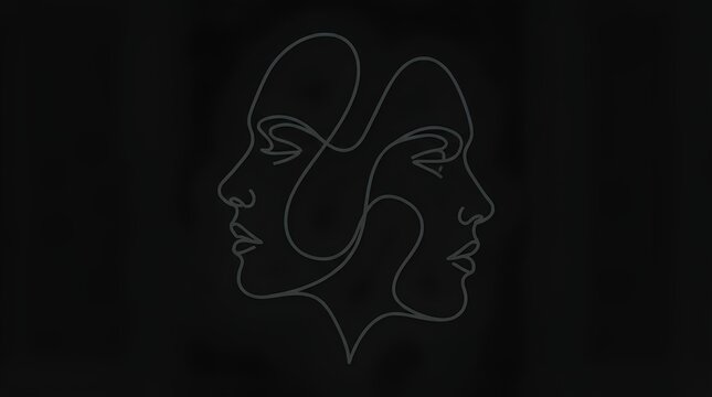 Minimalist white one line drawing of two faces on solid black background.