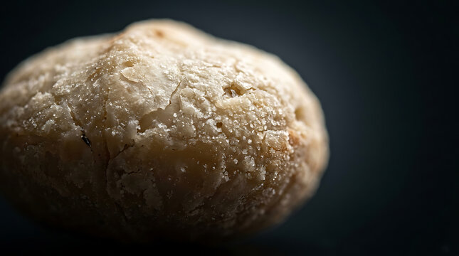 Close-up of a single, textured, round, rustic bread roll against a dark background.