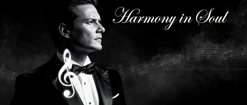 Man in a tuxedo with musical elements looking sideways. Elegant black and white portrait featuring treble clef and soul text. Musical inspiration concept for jazz and concert marketing.