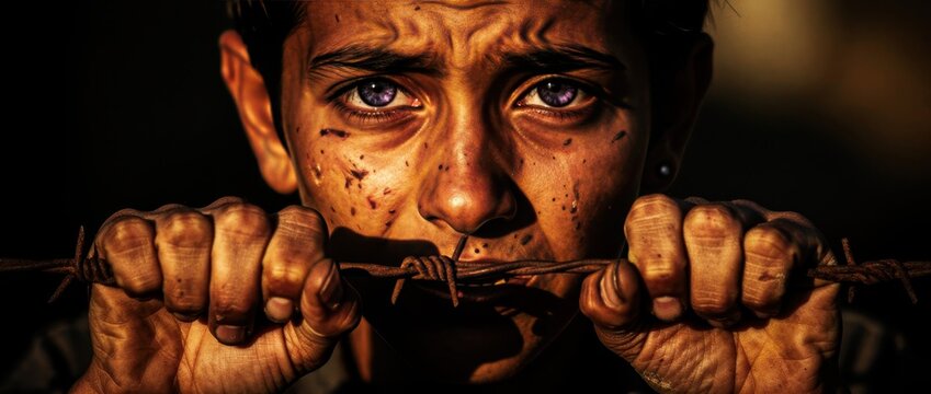 Young child with dirty face holds rusty barbed wire to his mouth. Close-up portrait showing intense eyes and struggle. Human rights concept for social awareness and humanitarian campaigns.