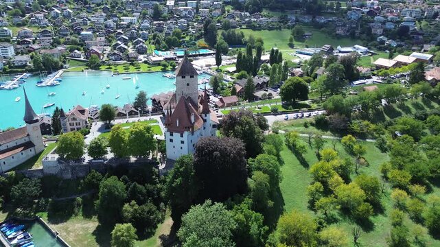 Aerial View of Spiez Castle and Lake Thun in the Swiss Alps, Switzerland