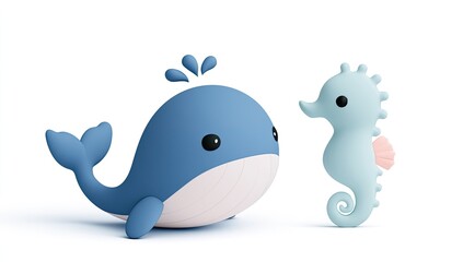 Naklejka premium Adorable blue whale and a pale blue seahorse with a pink fin, isolated