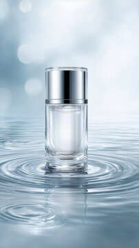 A premium unbranded transparent cosmetic container standing above calm reflective water