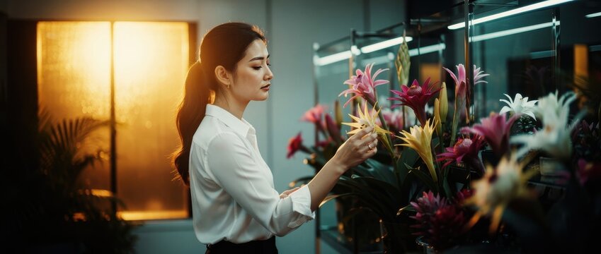 Asian woman botanist inspecting tropical flowers in a greenhouse. Researcher examining exotic plants in a lab environment. Botany research concept for science and floral industry marketing.