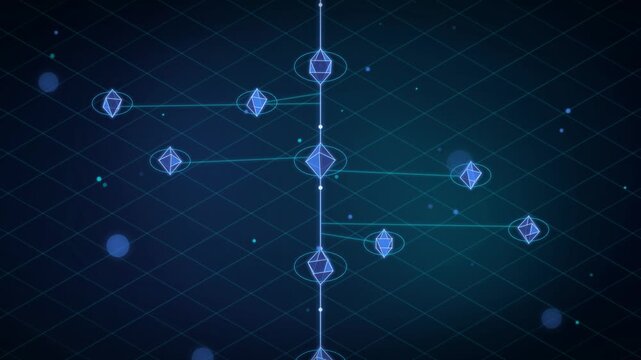 Glowing geometric ethereum nodes connect through dynamic digital lines in this sleek abstract motion video animation