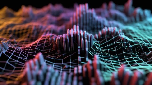 3D Digital Terrain with Colorful Data Bars and Wireframe Grid Structure