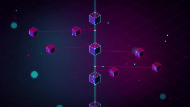 Glowing digital cubes connected by light lines form a structured network in this motion video animation