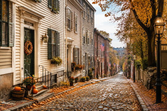 Autumn street in historic New England town, old houses, fallen leaves on cobblestone.