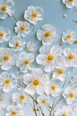 Fototapeta premium Delicate white blossoms with textured petals on a soft blue background