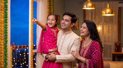 Naklejka premium cute little girl in traditional wear and showing some to her parents on Diwali festival 