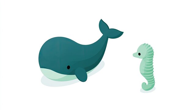 A charming illustration of a large blue whale and a small green seahorse