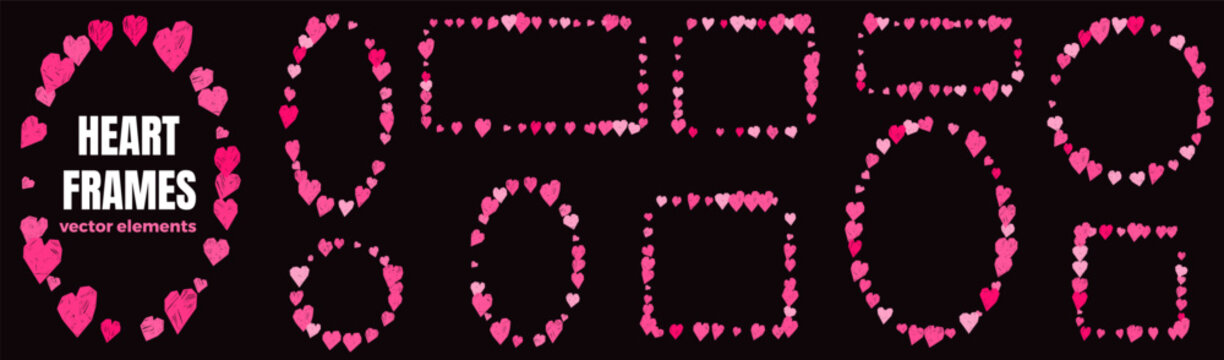 Frame heart set with neon pink crayon doodles. Scribbled love symbols form oval circle square and rectangle borders on black. Y2k vector outlines for advertising creative or photo collage or callout