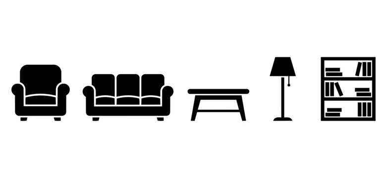 Black Living Room Furniture Icon Set with Armchair Sofa Coffee Table Floor Lamp and Bookshelf