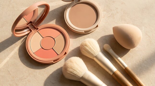 Open face powder compact case with makeup brushes on a soft yellow background for beauty products. beginner makeup tips