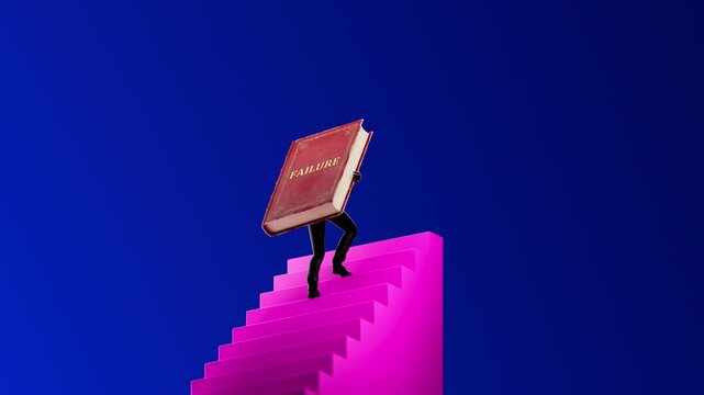 Man Carrying Book of Failure Up Stairs