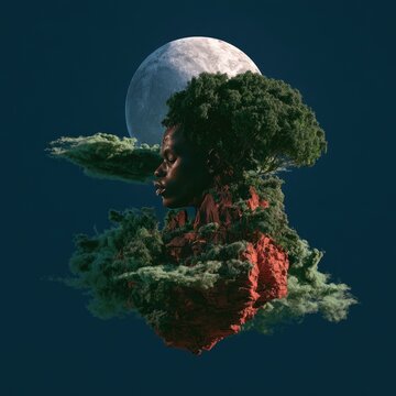 Ethereal profile of a person emerges from surreal, textured landscape under moonlight
