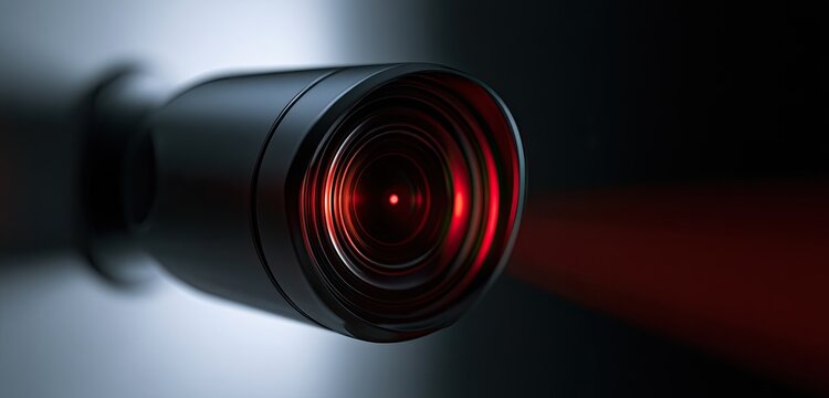 Close-up of a dark surveillance camera with a red beam of light