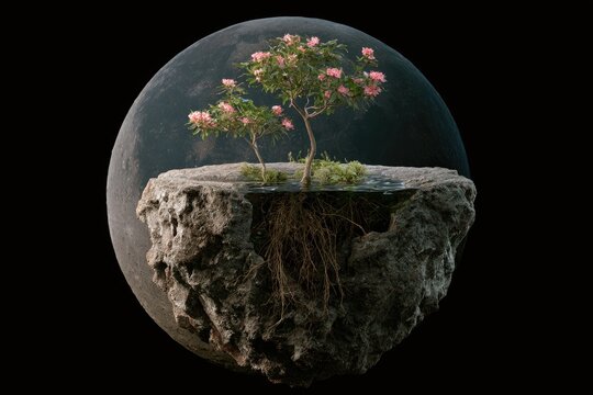 Surreal floating island with flowering trees and exposed roots against a dark sphere
