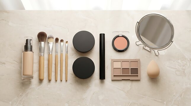  Open face powder compact case with makeup brushes on a soft yellow background for beauty products. beginner makeup tips