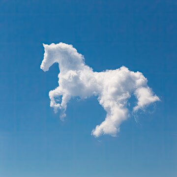 A fluffy white cloud sculpture resembling a horse in a bright blue sky
