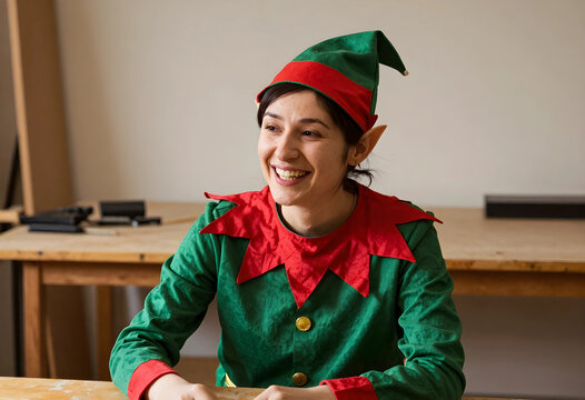 Christmas elf smiling and laughing, holiday season joy and festive spirit, happy woman in costume with pointed ears