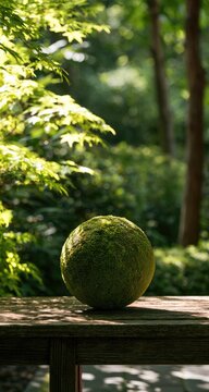 Moss-covered orb rests on weathered wooden railing, sunlit garden backdrop