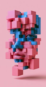 Pixelated human face emerging from a pink background