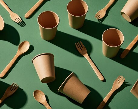 Biodegradable paper cups and wooden cutlery arranged on a green backdrop