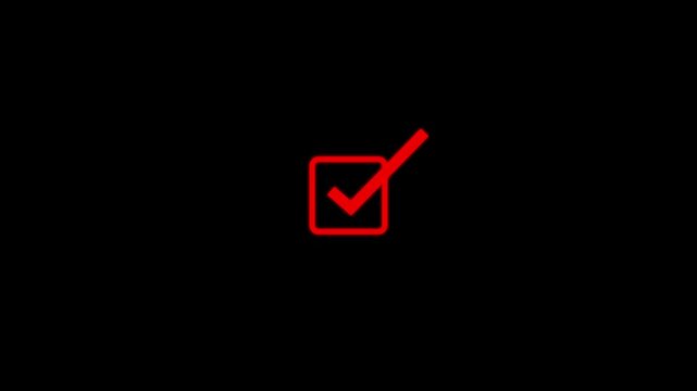 Animated white checkmark in a square box against a black background representing approval or completion