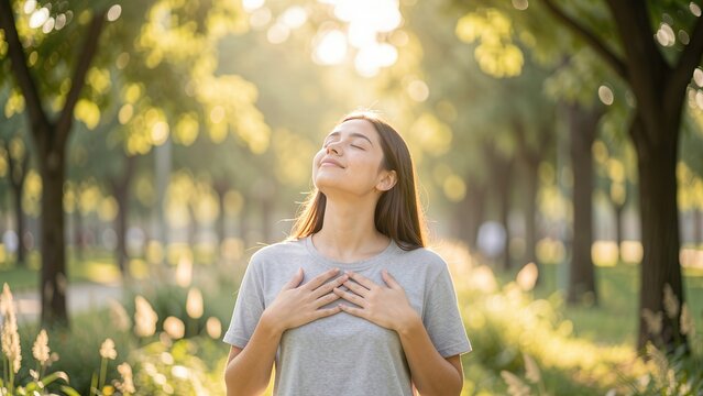 young woman at golden hour in park feeling deep gratitude and inner peace serene moment emotional connection mindfulness portrait