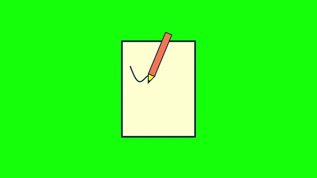 Minimalist 2D vector style icon of a paper sheet and orange pencil drawing a curved dark blue line, isolated on a solid bright green background for chroma key compositing and design.