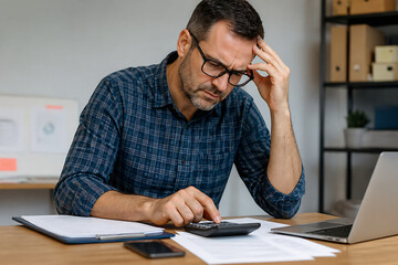 Obraz premium A man wearing glasses and a plaid shirt is looking stressed while working at a desk with papers and a laptop.