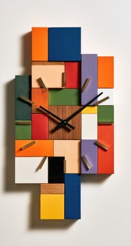 Colorful geometric wall clock with wooden accents and brass markers