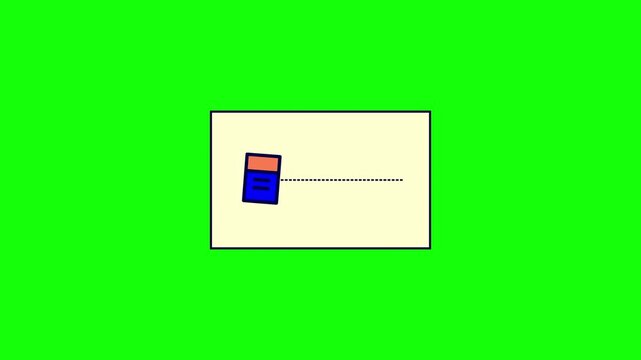 Eraser icon tool removing a dashed line on a cream rectangular surface isolated on a bright green chroma key background vector illustration for educational and office concepts.