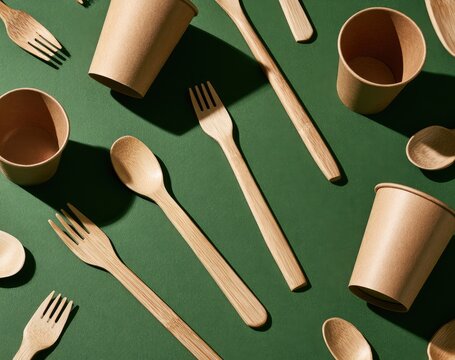 Eco-friendly disposable cups and cutlery arranged on a green surface