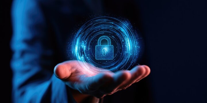 A hand presents a glowing holographic padlock, symbolizing digital security