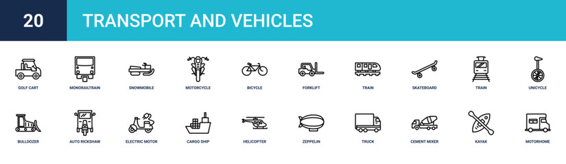 Set of 20 outline web Transport and Vehicles icons such as motorhome, kayak, cement mixer, truck, zeppelin, helicopter, cargo ship vector icons for report, presentation, diagram, web design, mobile © Felix
