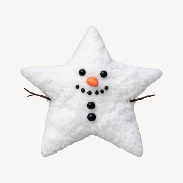 Cute snowman made from a star-shaped snowball with twig arms and a carrot nose